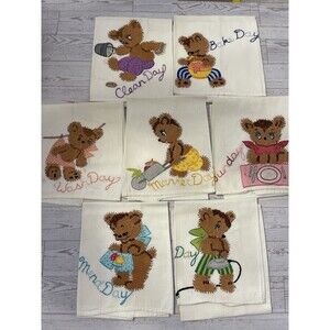 Vintage 1940 Embroidered Kitchen Towels Set of 7 Linen Cotton Very Rare Find D3